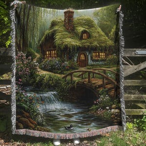 Cottagecore Cabin Throw Blanket, Mossy Green Blanket, Cozy Home Decor, Rustic Living Room Accent, Nature-Inspired Quilt, Woodland Cottage