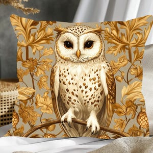 Golden Owl Pillow, Cottagecore Owl Throw Pillow, Bohemian Owl Pillow