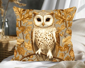 Golden Owl Throw Pillow: Cottagecore Bohemian Home Decor