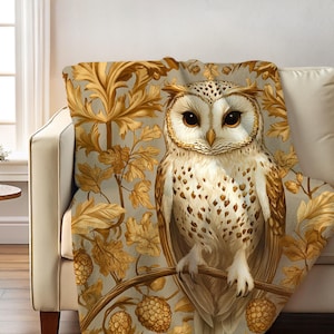 Owl Blanket, Cottagecore White Owl Blanket, William Morris Inspired Owl Velveteen Plush Blanket