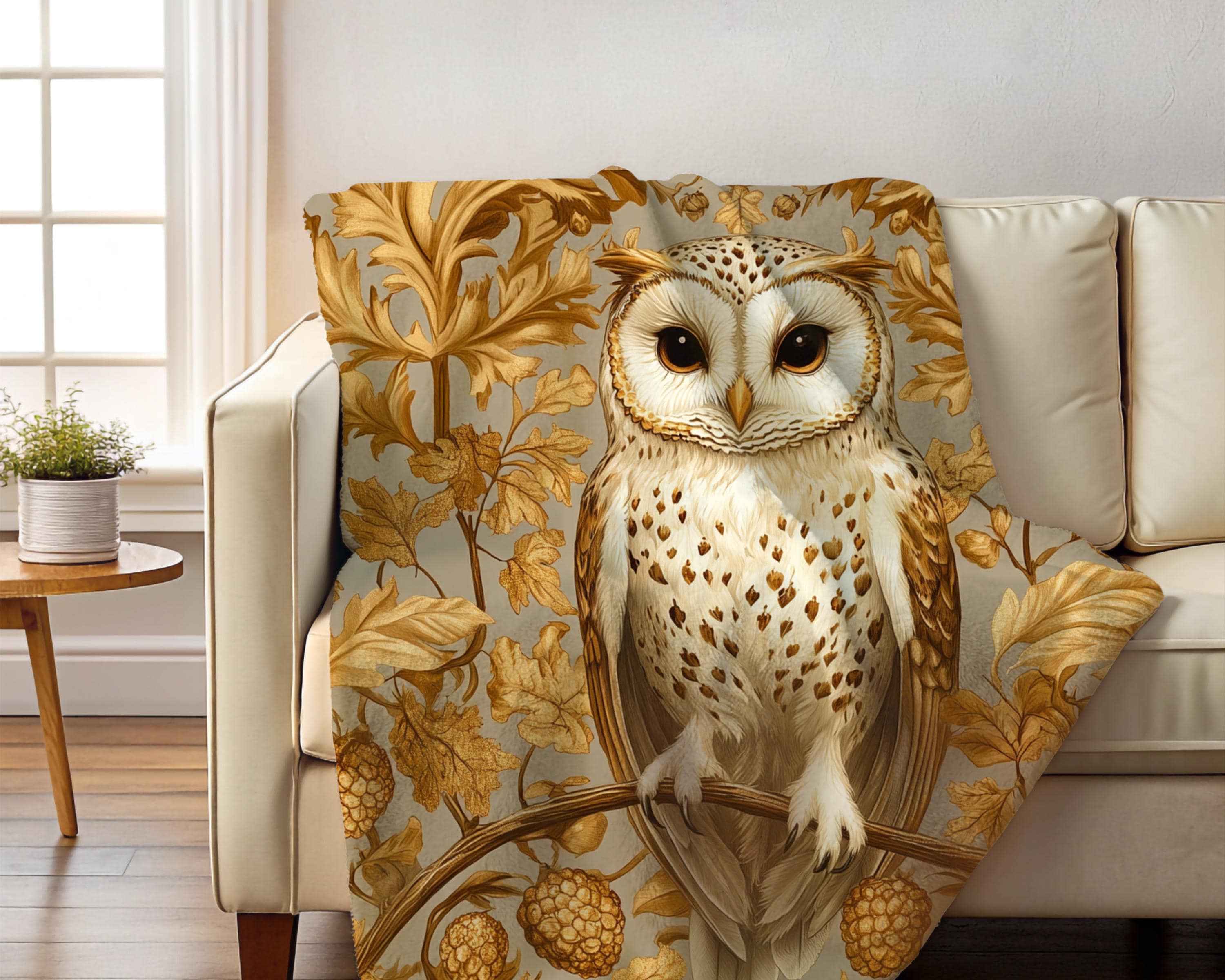 William Morris Inspired Owl Blanket: Golden Cottagecore Velveteen Throw