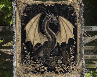 Elegant Dragon Woven Blanket, Medieval Dragon Tapestry Throw, Fantasy Art Gift, Living Room Accent