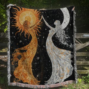 Celestial Sun and Moon Woven Blanket, Bohemian Tapestry, Boho Celestial Home Decor