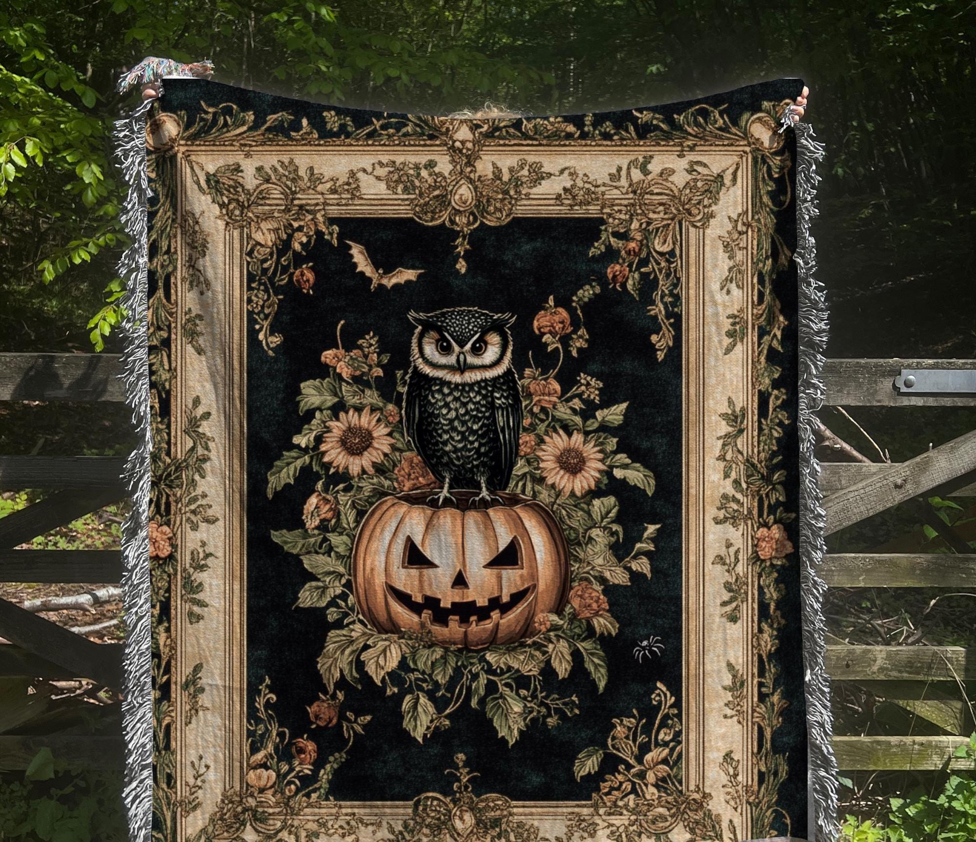 Owl Fall Woven Blanket - Autumn Home Decor, Nature Lover Gift, Halloween Decoration, Thanksgiving Ac