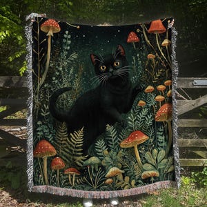 Black Cat Woven Blanket: Cottagecore Mushroom Tapestry