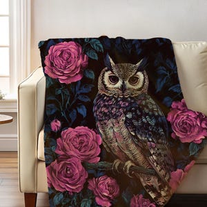 Floral Owl Throw Blanket, William Morris Inspired Velveteen Plush Blanket, Cottagecore Owl Blanket