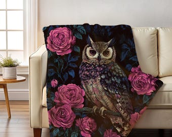 Floral Owl Velveteen Throw Blanket: William Morris Inspired Cottagecore Decor
