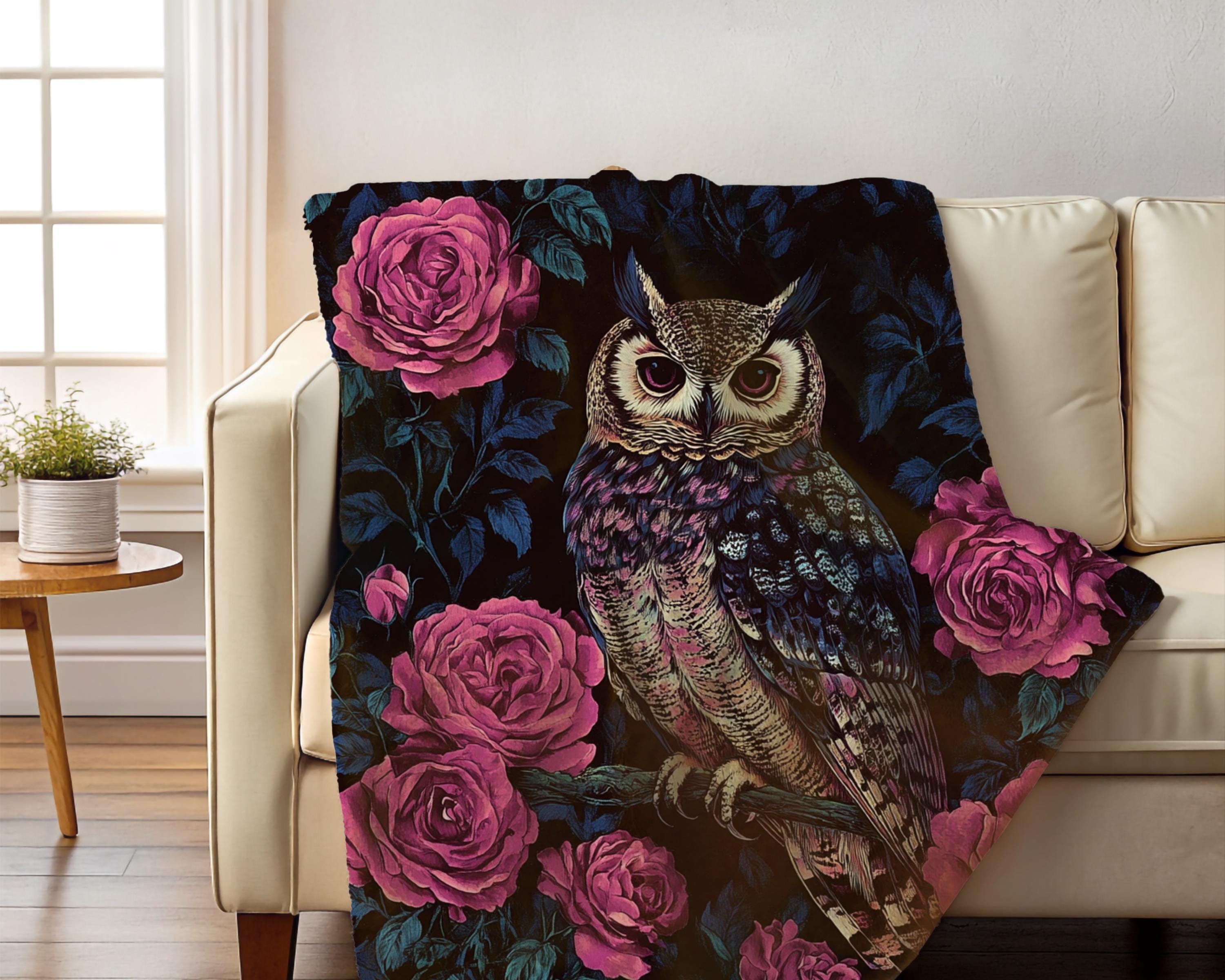 Floral Owl Velveteen Throw Blanket: William Morris Inspired Cottagecore Decor