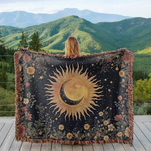 Celestial Woven Cotton Blanket: Sun & Moon Boho Throw