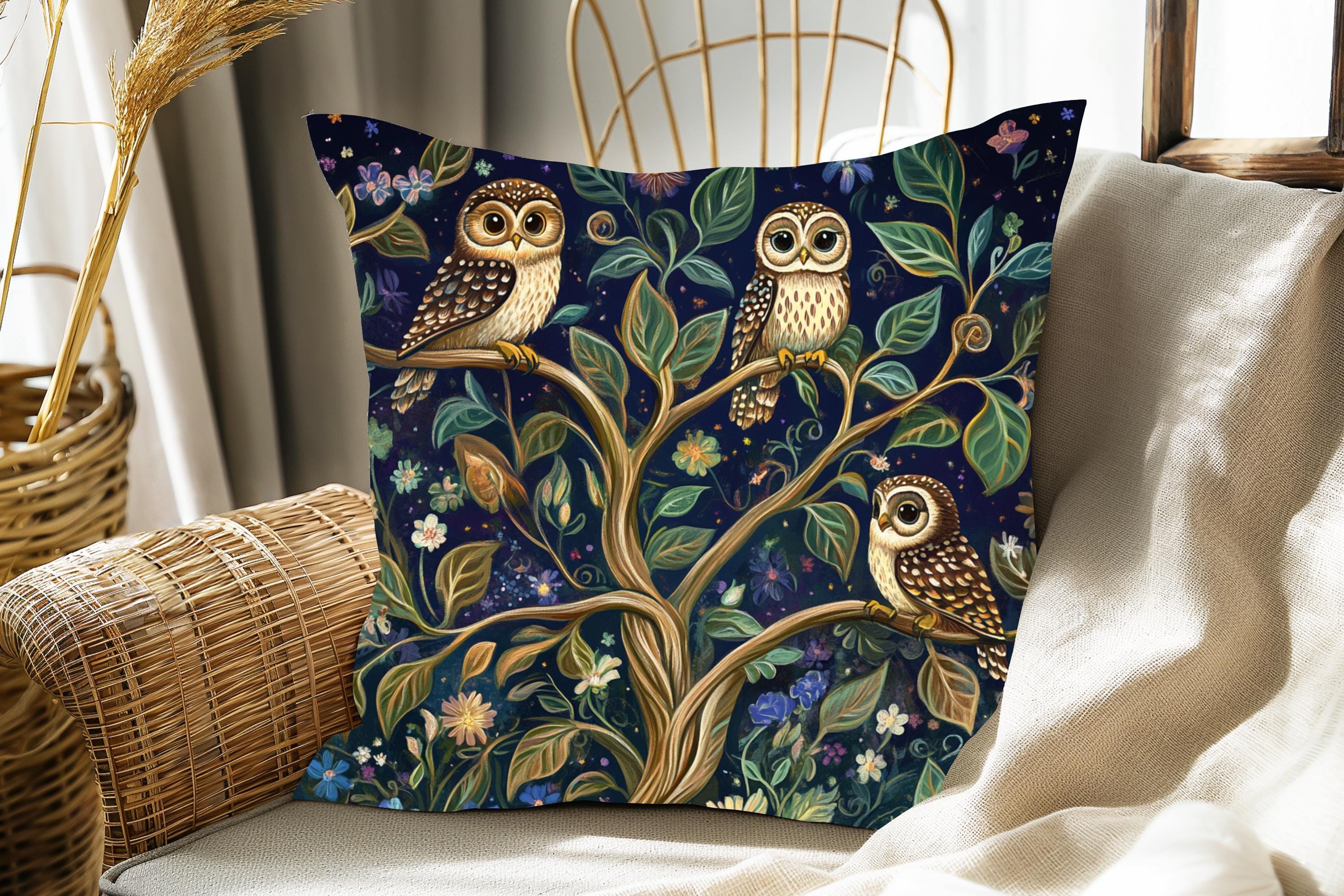 Cottagecore Owls Pillow: Woodland Tree Branch Throw Pillow