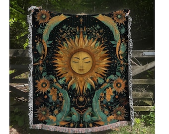 Boho Sun and Moon Woven Blanket: Celestial Cotton Throw