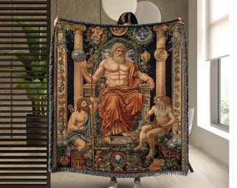 May include: A tapestry woven with a detailed image of a Greek god sitting on a throne. The god is depicted with a muscular physique and a long beard. He is wearing a red robe and holding a staff. The tapestry is framed by a border of vines and leaves.