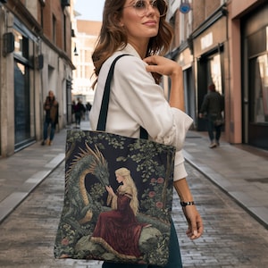 Fantasy Dragon and Maiden Tote Bag, Boho Style Bag, Fairytale Shopper, Gift for Book Lovers, Unique Eco-Friendly Bag
