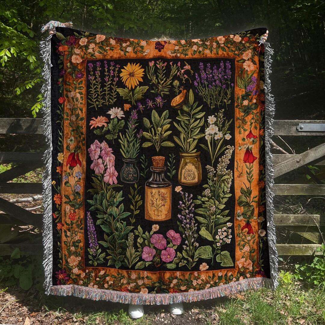 Botanical Woven Cotton Blanket: Floral Herb Throw With Fringed Edges - Etsy