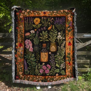 Botanical Woven Cotton Blanket: Floral Herb Throw with Fringed Edges