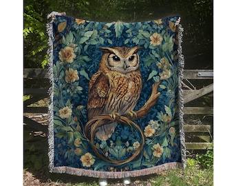Owl Woven Blanket: Cottagecore Floral Cotton Throw