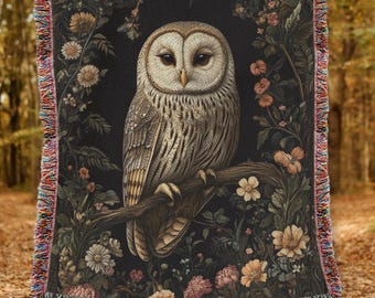 Forest Owl Woven Blanket: Cottagecore Cotton Throw