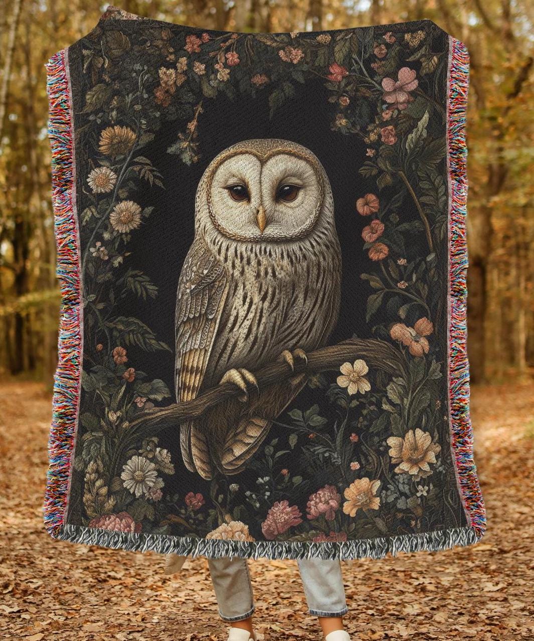 Forest Owl Woven Blanket: Cottagecore Cotton Throw