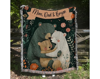 Gift for Mom and Dad Blanket, Custom Kids Name Mama Bear Blanket, Personalized Cottagecore Woven Blanket for Mom, Custom Gift Blankets