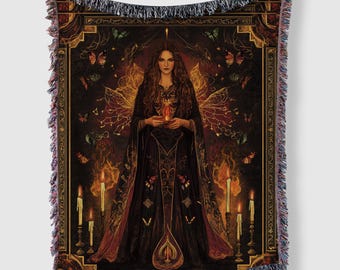 May include: A woven tapestry featuring a woman with long flowing hair and wings, holding a glowing heart. She is surrounded by candles and butterflies in a dark, ornate frame.