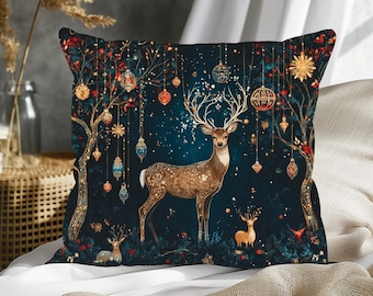 Cottagecore Christmas Deer Throw Pillow: Winter Forest Accent