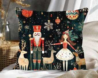Nutcracker Christmas Square Pillow, Cottagecore Scandinavian Nutcracker Throw Pillow