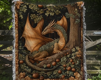 Medieval Dragon Jacquard Woven Blanket: 100% Cotton Tapestry