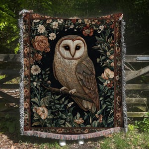 Owl Woven Blanket | Floral Owl Tapestry, Cottagecore Decor, Nature Lover Gift