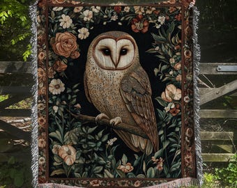 Owl Woven Blanket | Floral Owl Tapestry, Cottagecore Decor, Nature Lover Gift