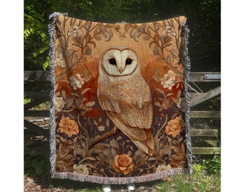 Owl Woven Blanket: Floral Cottagecore Cotton Throw