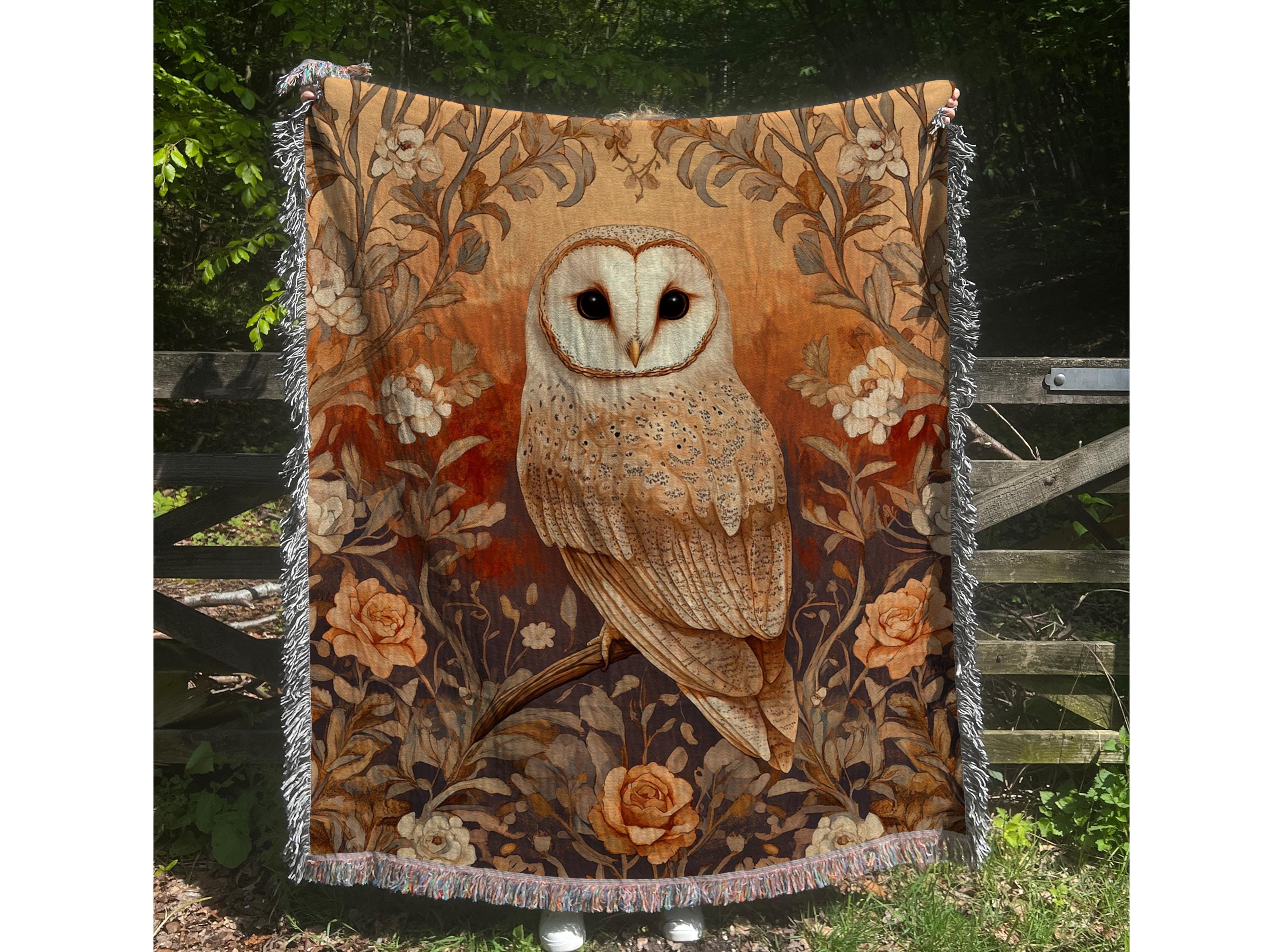 Owl Woven Blanket: Floral Cottagecore Cotton Throw