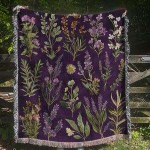 Lavender Botanical Woven Blanket: Cottagecore Cotton Throw