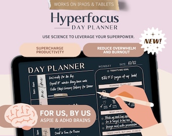 May include: A digital day planner on a tablet, featuring the text "Hyperfocus Day Planner." The screen displays a daily schedule with sections for tasks and goals. The image includes the phrases "Supercharge Productivity" and "Reduce Overwhelm and Burnout."