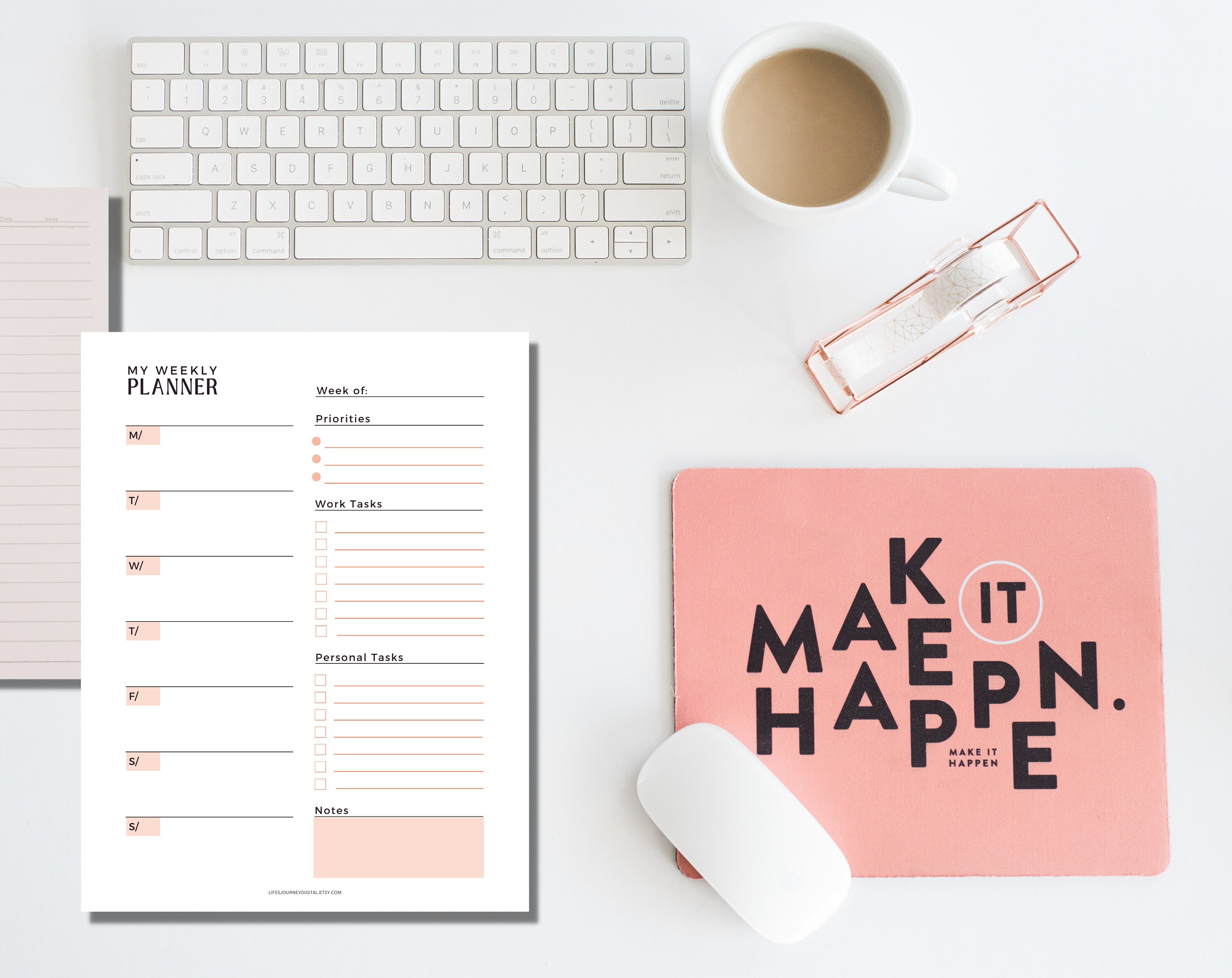Weekly Planner Printable PDF, Minimalist Pink, Undated, Week at a ...