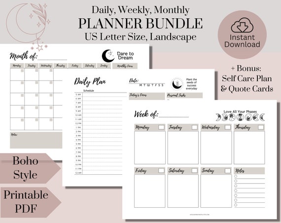 Daily Schedule, Weekly & Monthly Planner Set, Printable PDF Bundle, Undated, Inspirational Boho Moon, Self Care Plan, Quote Cards, Landscape