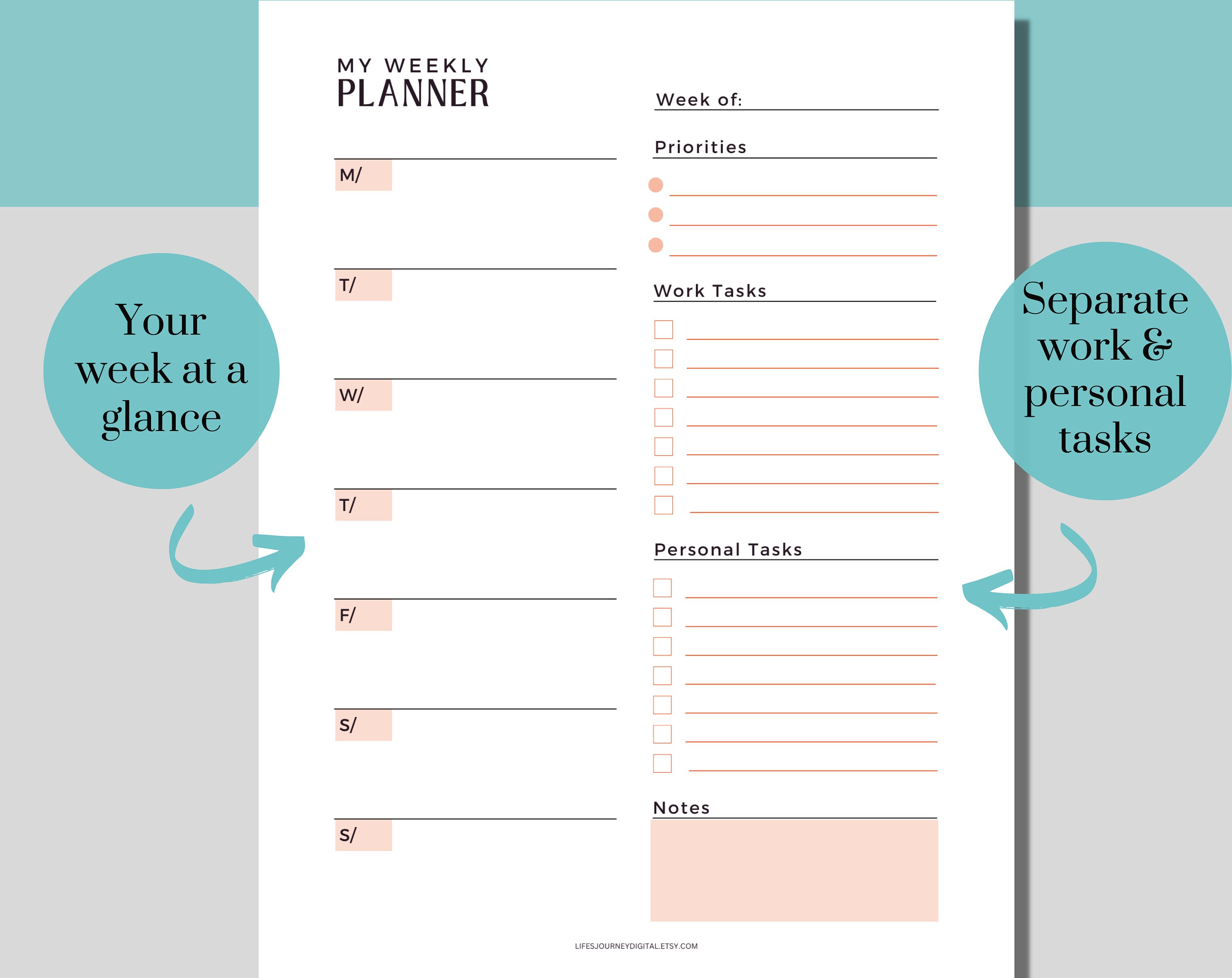Weekly Planner Printable PDF, Minimalist Pink, Undated, Week at a ...