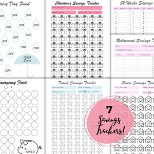 May include: A collection of seven savings trackers with various themes, including a rainy day fund, Christmas savings, and travel goals. Each tracker features a unique design with spaces for tracking progress and goals. The image includes text such as "Rainy Day Fund" and "7 Savings Trackers!"