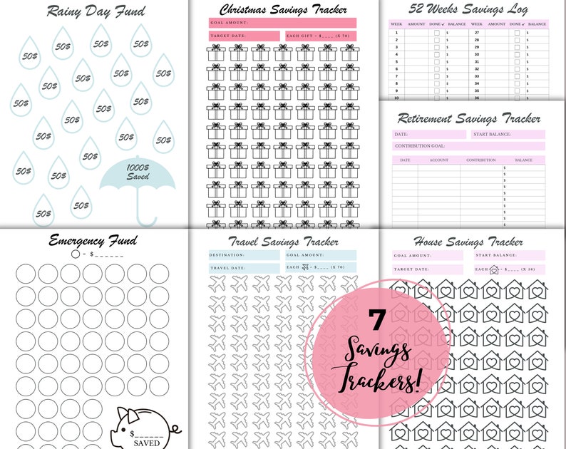 May include: A collection of seven savings trackers with various themes, including a rainy day fund, Christmas savings, and travel goals. Each tracker features a unique design with spaces for tracking progress and goals. The image includes text such as "Rainy Day Fund" and "7 Savings Trackers!"
