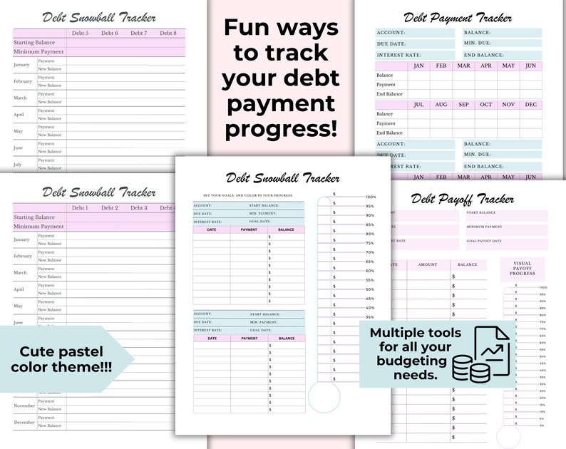 May include: A collection of pastel-colored debt tracker templates. The designs include "Debt Snowball Tracker," "Debt Payment Tracker," and "Debt Payoff Tracker." The text highlights "Fun ways to track your debt payment progress!" and "Multiple tools for all your budgeting needs."