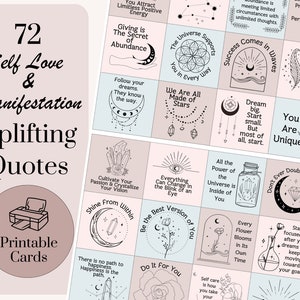 Może przedstawiać: Zestaw 72 kart do druku z inspirującymi cytatami o miłości do siebie i manifestacji. Karty mają miękką paletę kolorów z ilustracjami i tekstem. Projekt zawiera zwroty takie jak "Jesteś wyjątkowy" i "Marz wielko, zacznij od małego".