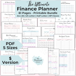 May include: A collection of printable finance planner pages with a light blue and pink color scheme. The title "The Ultimate Finance Planner" is displayed at the top. Includes pages for budgeting, debt tracking, and savings goals. PDF, 5 sizes available.