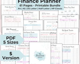 Budget Planner Bundle Printable Finance Planner for Budgeting Binder w/ Financial Tracker, Paycheck Budget, Debt Snowball, Savings Challenge
