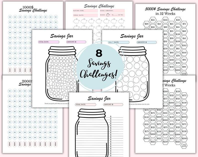 May include: A collection of eight savings challenge printables. The designs include savings jars and challenges for $1000, $2000, and $5000. Each printable features a different layout, with spaces to track savings goals. The text "Savings Challenges" is also visible.