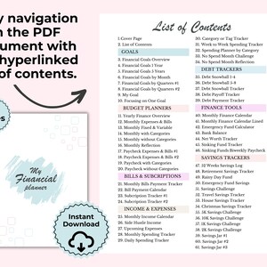 May include: A digital financial planner with a teal and white design, featuring a list of contents and various trackers for goals, budget, debt, and savings. The planner includes 61 pages and is available for instant download.