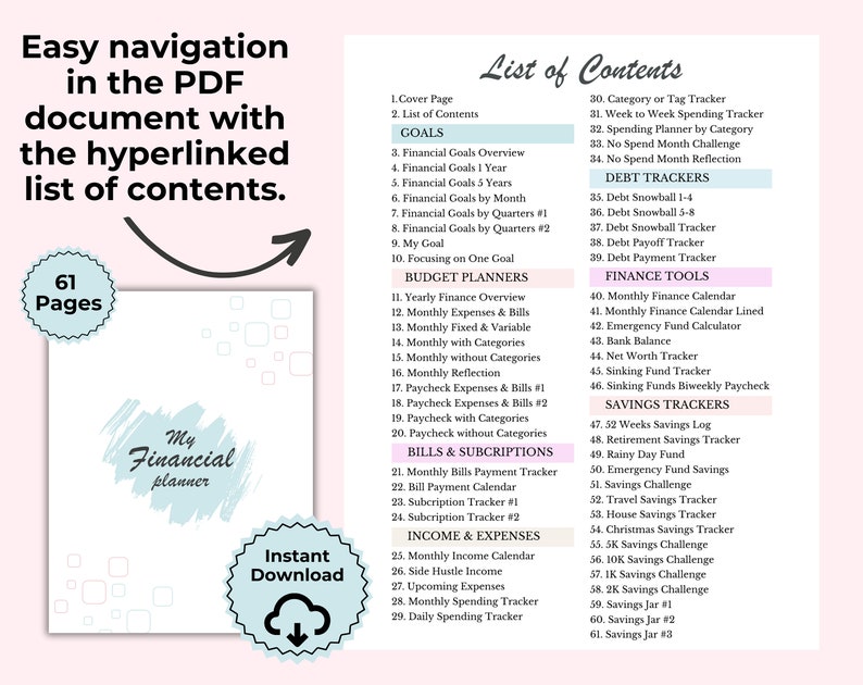 May include: A digital financial planner with a teal and white design, featuring a list of contents and various trackers for goals, budget, debt, and savings. The planner includes 61 pages and is available for instant download.