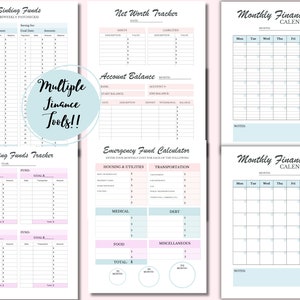 May include: A collection of printable finance tools, including a sinking funds tracker, net worth tracker, account balance sheet, emergency fund calculator, and monthly finance calendars. The pages feature a soft color palette of pink, blue, and white.