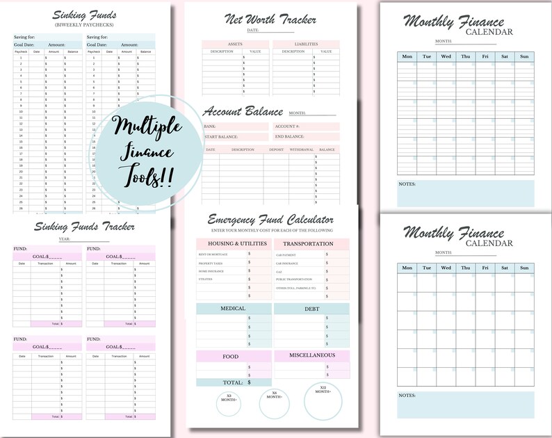 May include: A collection of printable finance tools, including a sinking funds tracker, net worth tracker, account balance sheet, emergency fund calculator, and monthly finance calendars. The pages feature a soft color palette of pink, blue, and white.