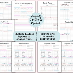 May include: A collection of budget planner pages with various layouts. The pages feature pastel color accents and text such as "Monthly Budget," "Paycheck Budget," and "Yearly Finance Overview." Text in the image reads "Budget by Month or by Paycheck!" and "Multiple budget layouts to choose from."