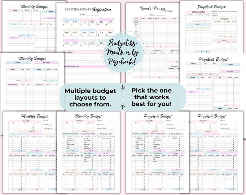 May include: A collection of budget planner pages with various layouts. The pages feature pastel color accents and text such as "Monthly Budget," "Paycheck Budget," and "Yearly Finance Overview." Text in the image reads "Budget by Month or by Paycheck!" and "Multiple budget layouts to choose from."