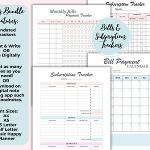 May include: A collection of printable bill and subscription trackers. The pages include undated trackers, monthly bill payment charts, and a calendar. The text on the left side says "This Bundle Features" and lists the features and print sizes.